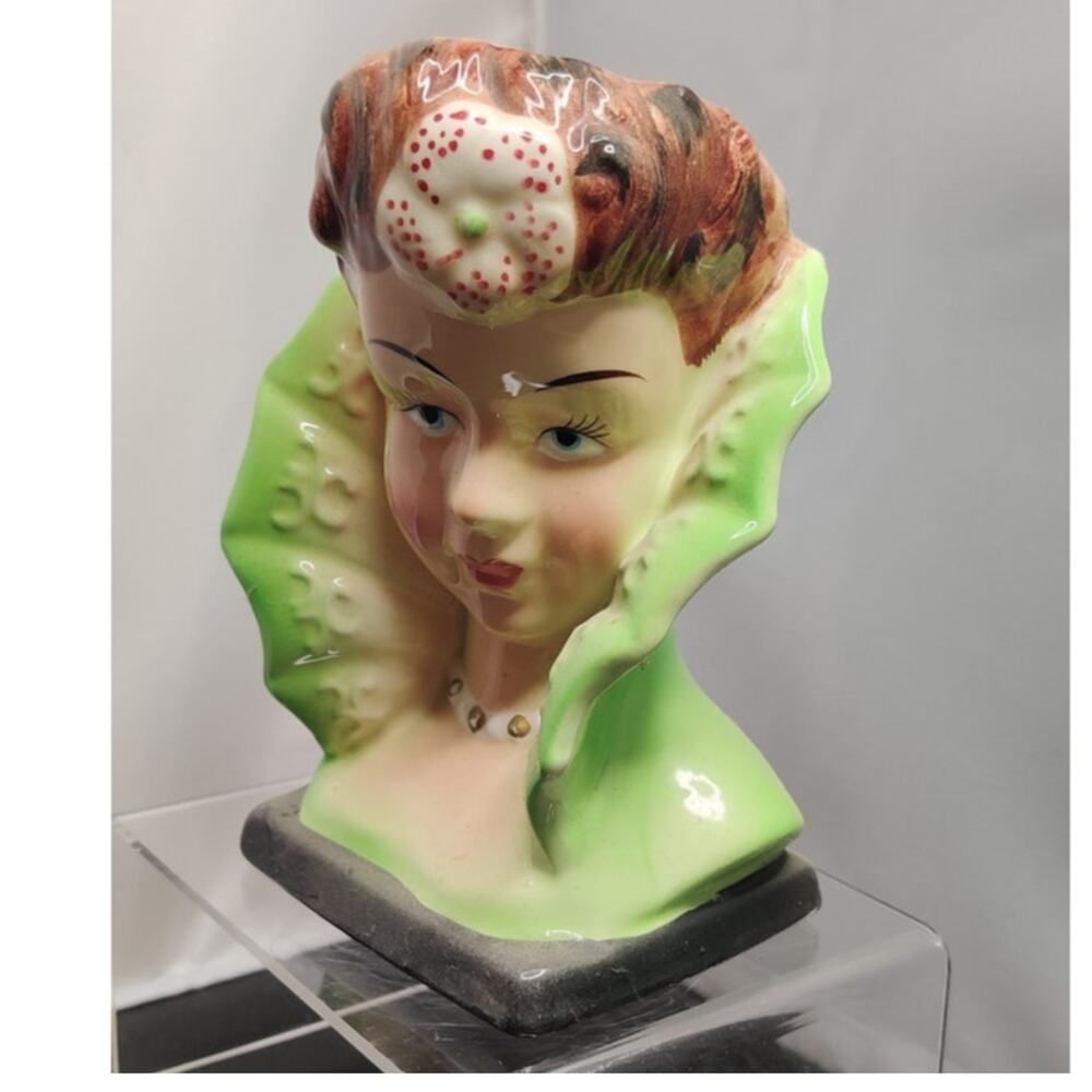 Vintage Green Collar Lady Head Vase Planter Kitschy Ceramic Japan 1950 Edwardian